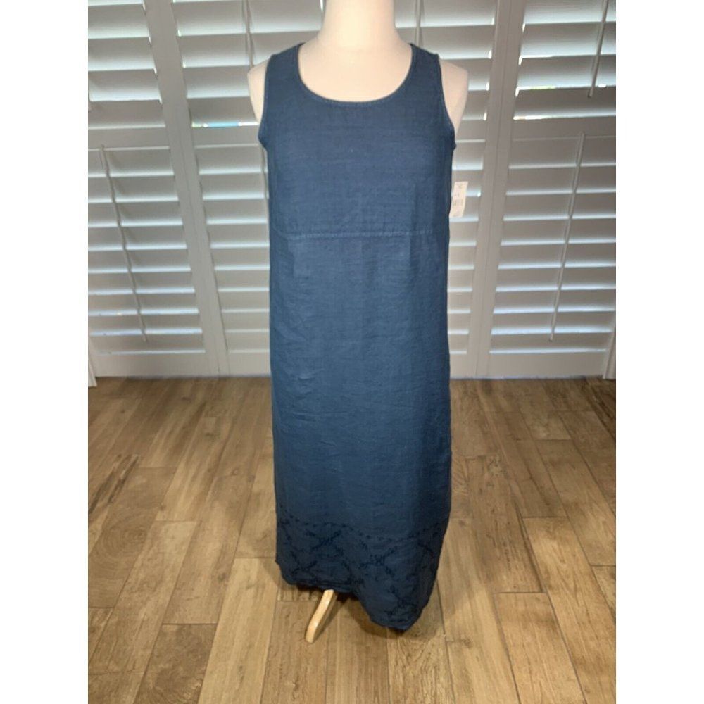 Vtg Bloomingdales Studio Sport Linen Sleeveless Maxi Dress Embroidery L Blue NEW